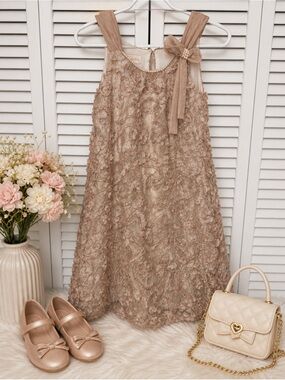 Girls Sleeveless champagne Beige Floral Party Dress Pearls Bow Zoe Ltd 12